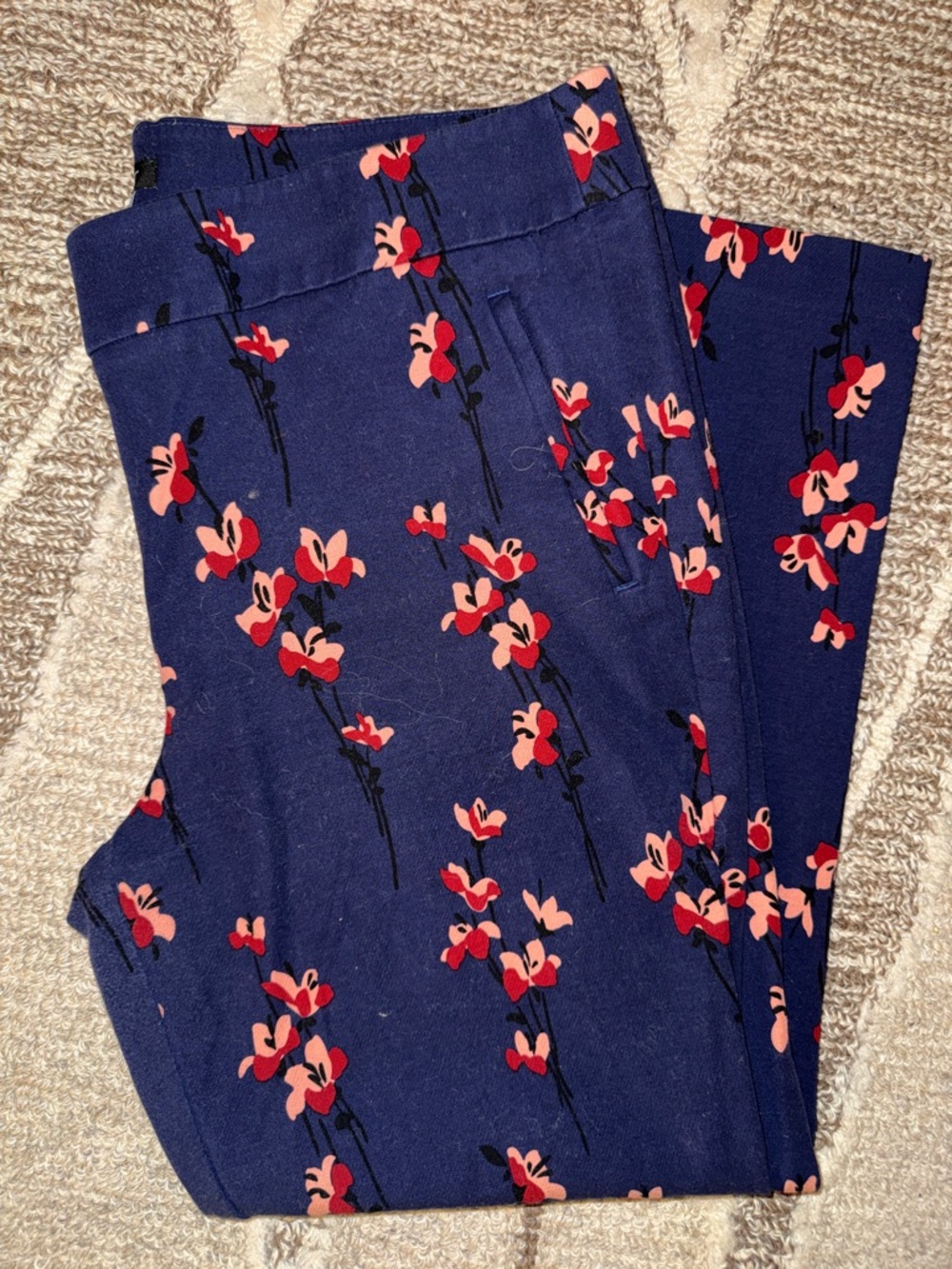LOFT Navy Cotton Trouser Pants with Pink Cherry Blossoms - Size 14